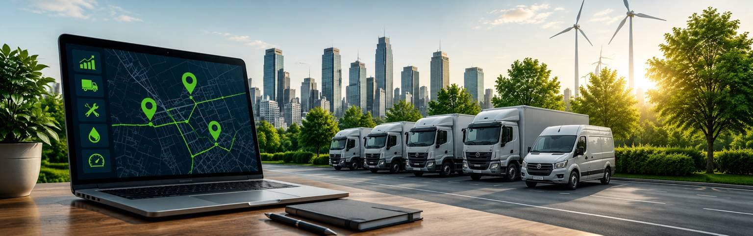 Fleet management dashboard on a laptop beside white commercial trucks, a city skyline, and wind turbines.