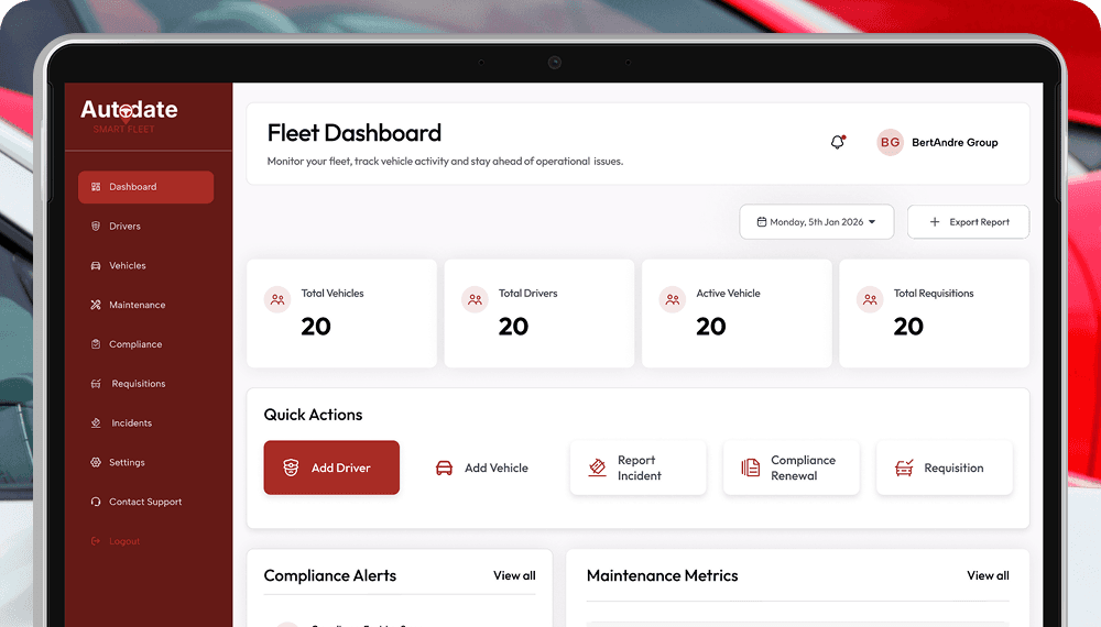 Smart Fleet dashboard on a tablet, showing fleet totals, quick actions, and alerts.