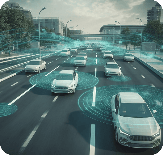 Cars on a highway overlaid with a live tracking grid.