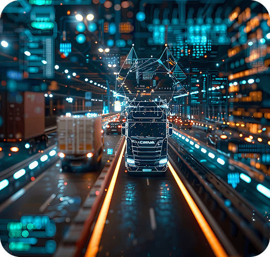 A connected truck driving through a corridor of vehicle data.